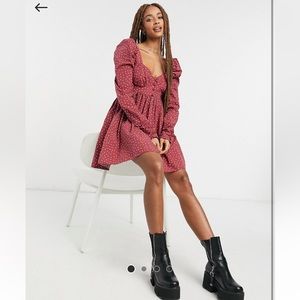 Asos Cotton Babydoll Mini Dress Red Polka
